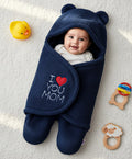 Supersoft Hooded Wearable Blanket Cum Wrapper with I Love You Mom Patch Detailing - Navy Blue