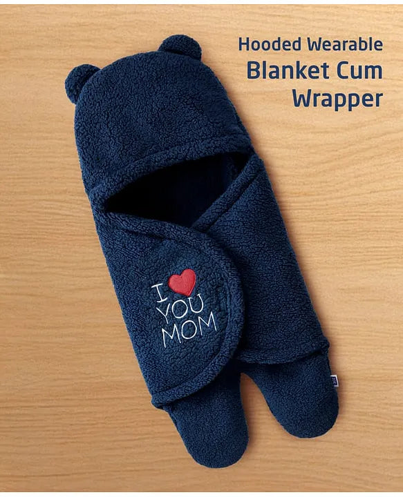 Supersoft Hooded Wearable Blanket Cum Wrapper with I Love You Mom Patch Detailing - Navy Blue